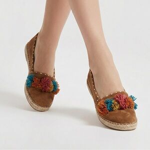 Sam Edelman Issa Espadrille flats in brown suede with multi-colored pom-poms